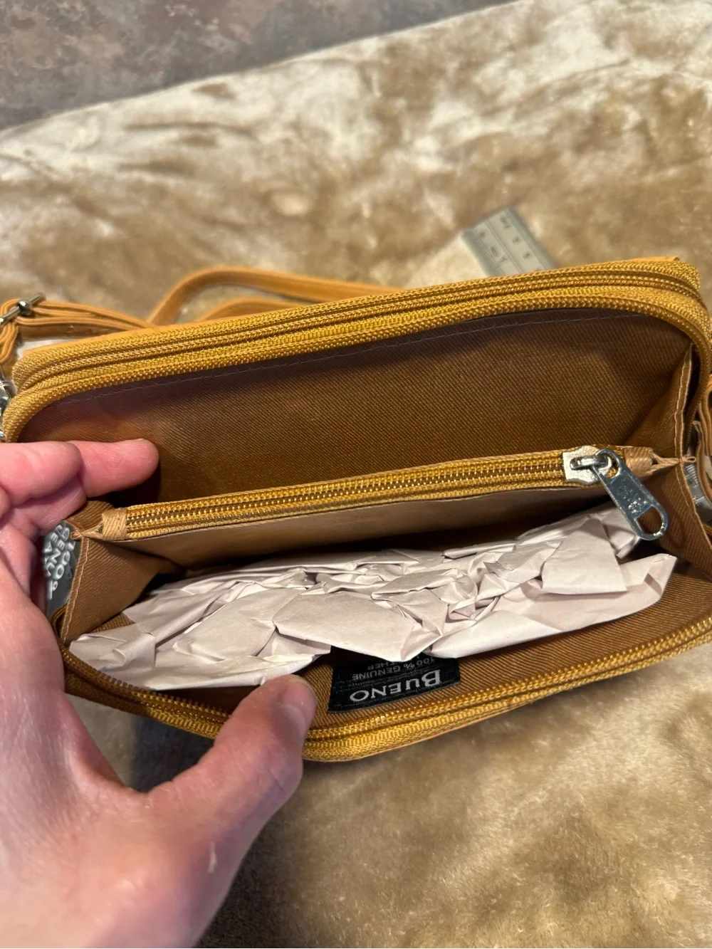 Tan Floral Embossed Genuine Leather Wristlet Wallet